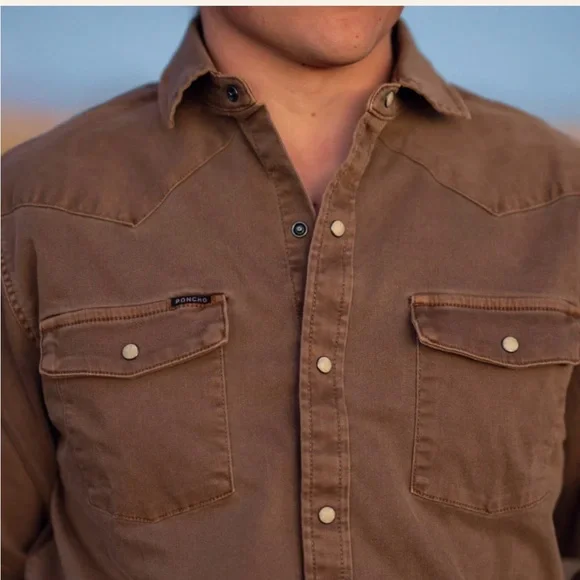 Poncho Cotulla Performance Denim Western Pearl Snap Shirt BrownWorkwear Outdoors - Picture 6 of 13